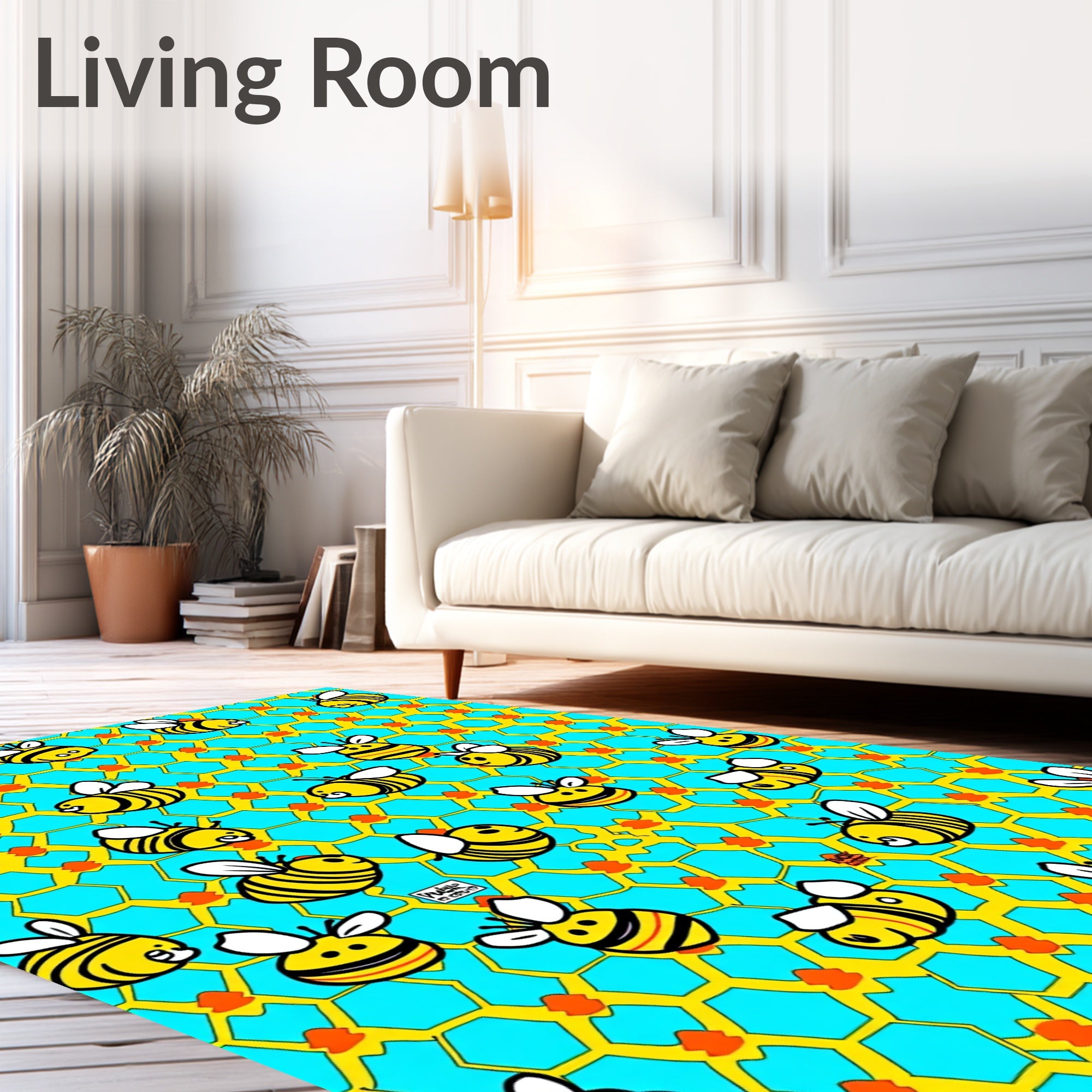 Whimsical yellow bees on honeycomb background Rug