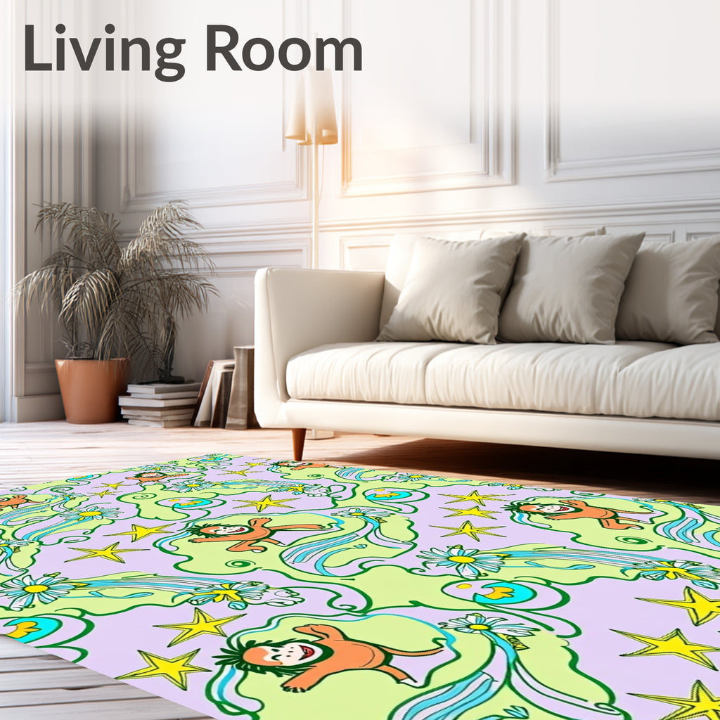 Whimsical Orange Monkeys Daisies Stars Rug
