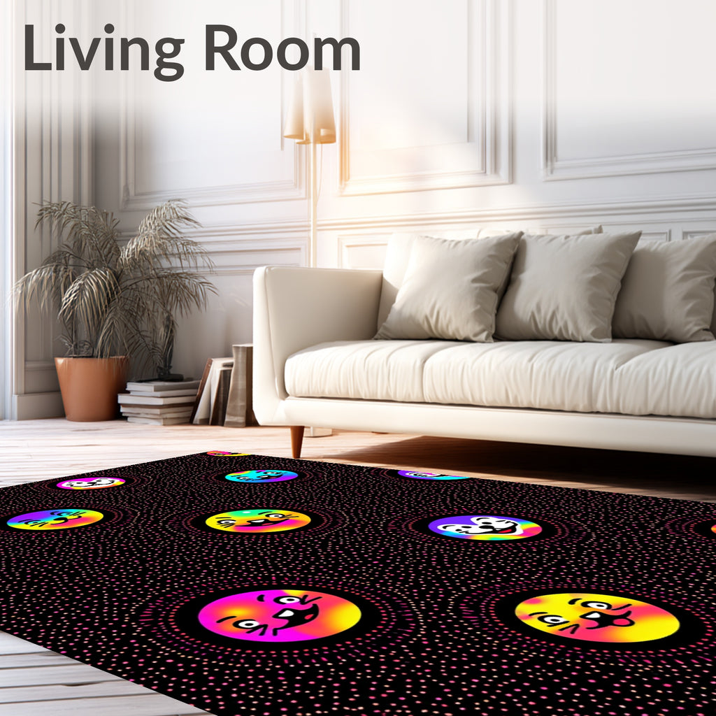 Rainbow Cat Faces on Black Dots Rug