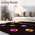 Rainbow Cat Faces on Black Dots Rug