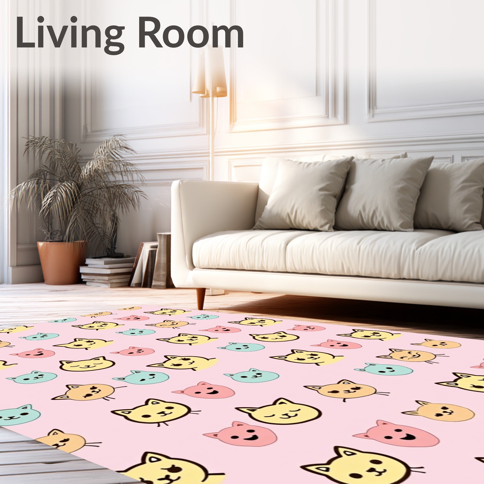 Kawaii Kitty Faces Pink Yellow Blue Rug