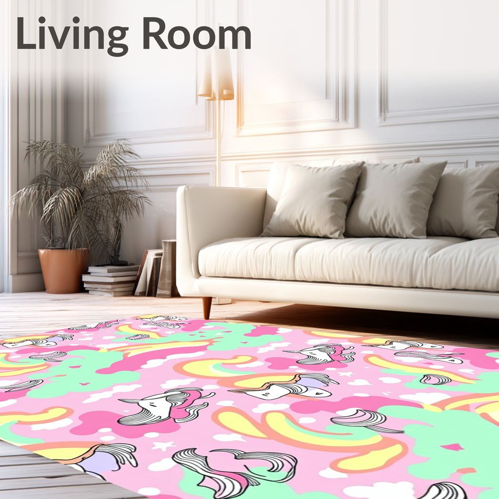 Whimsical Pink Unicorn Rainbow Clouds Rug