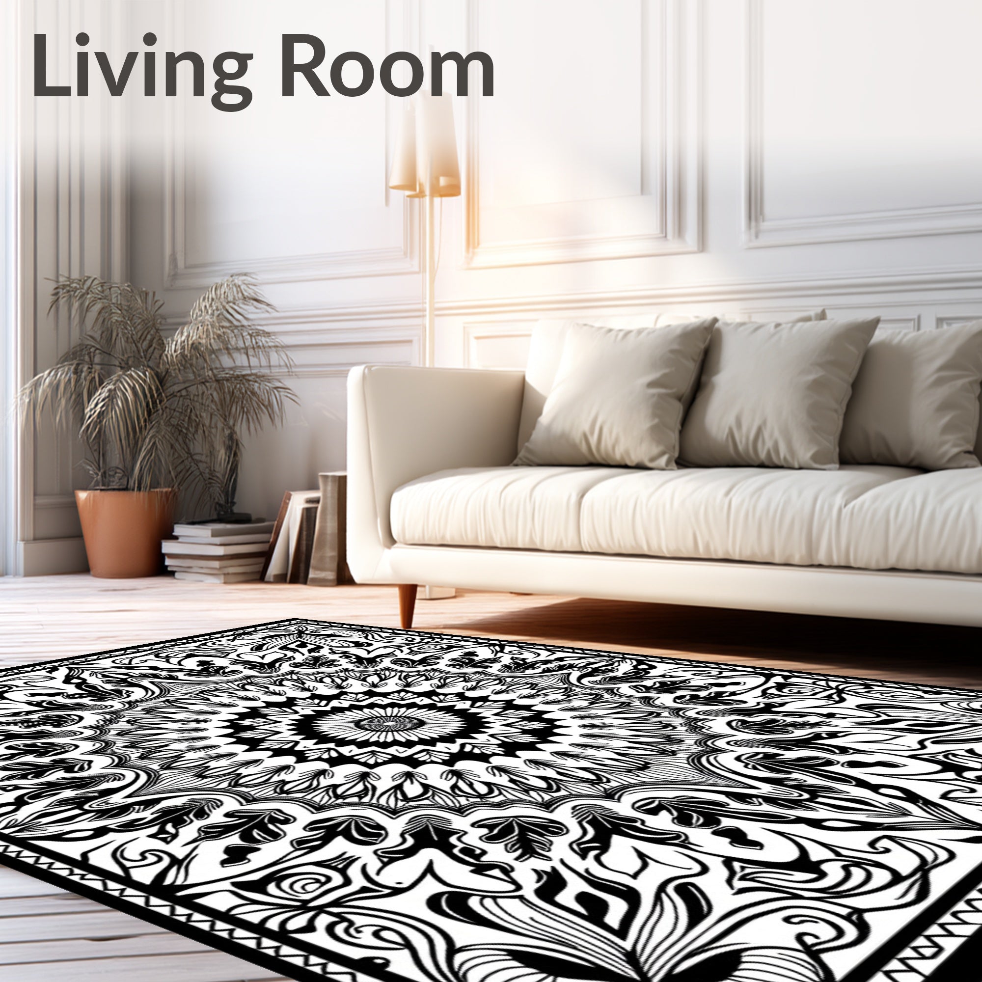 Monochromatic Folk Art Floral Mandala Rug