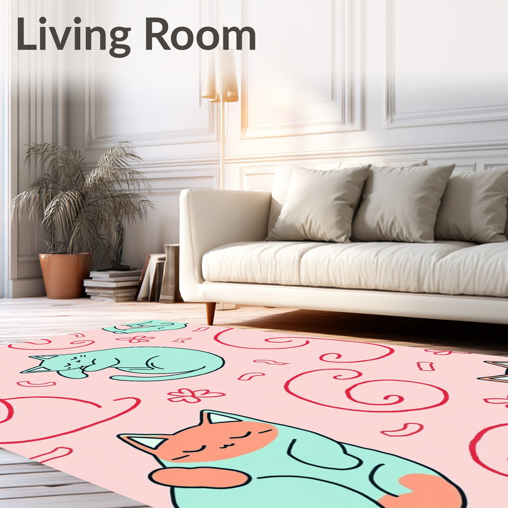 Sleeping Cats In Salmon And Teal Rug
