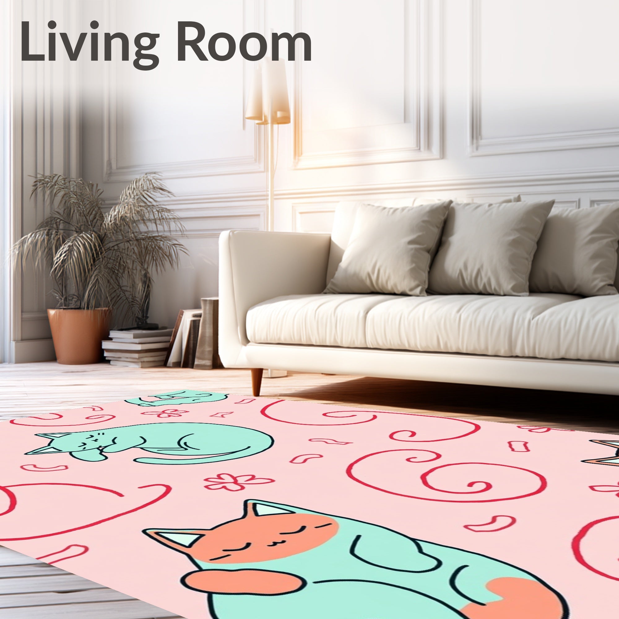 Sleeping Cats In Salmon And Teal Rug