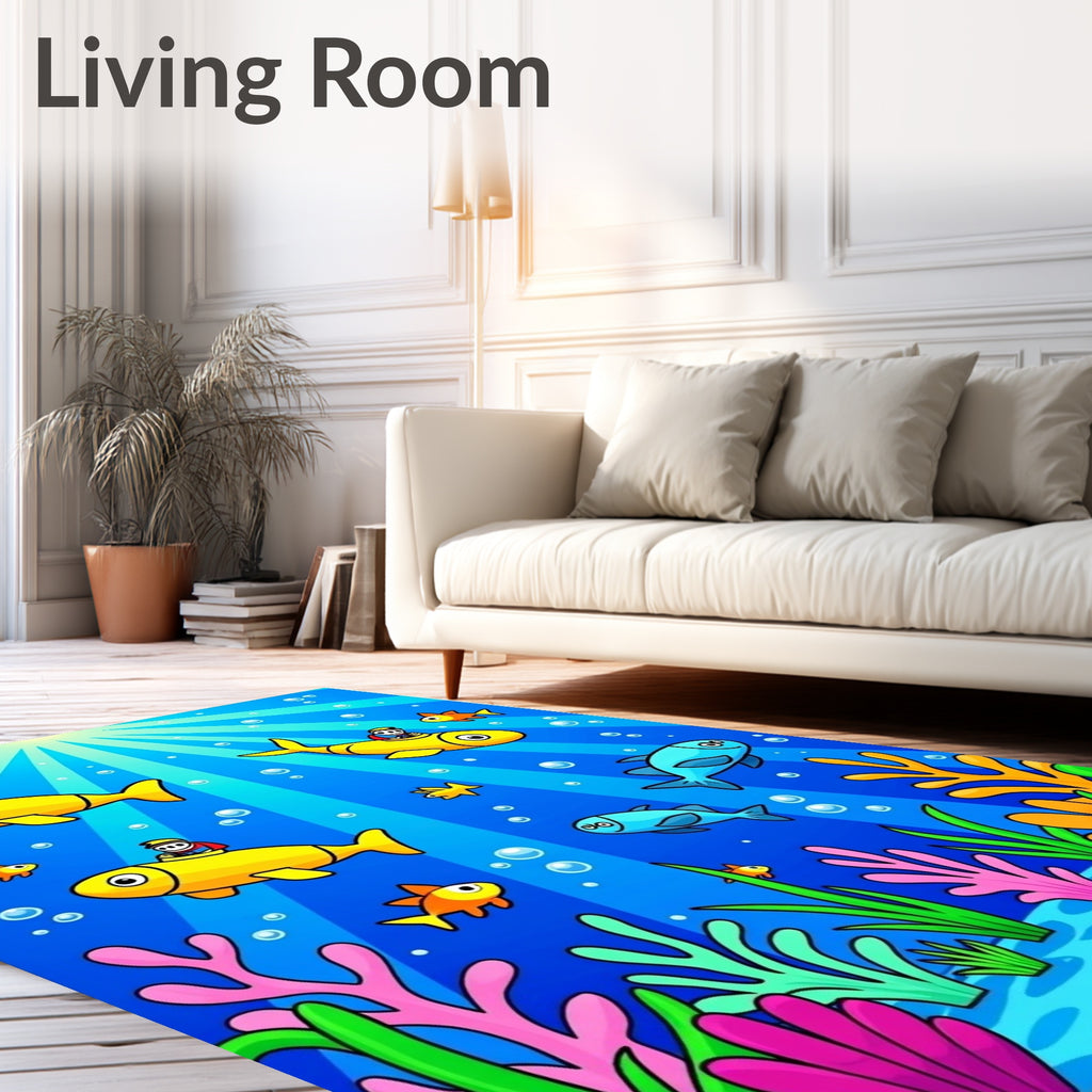 Underwater Yellow Fish Cartoon Scene Rug