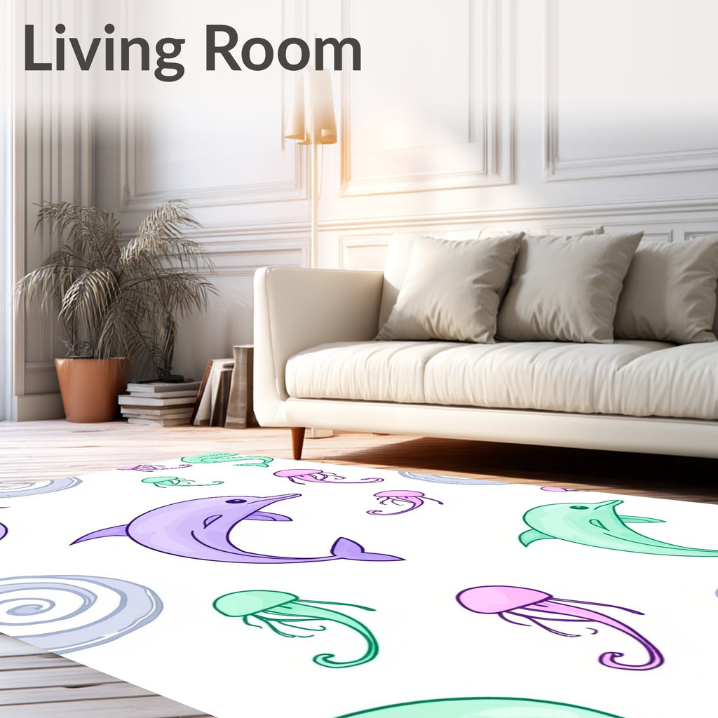 Playful Purple Green Dolphin Jellyfish Swirls Rug