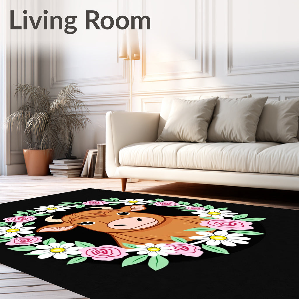 Brown Cow Floral Wreath Cute Art Rug