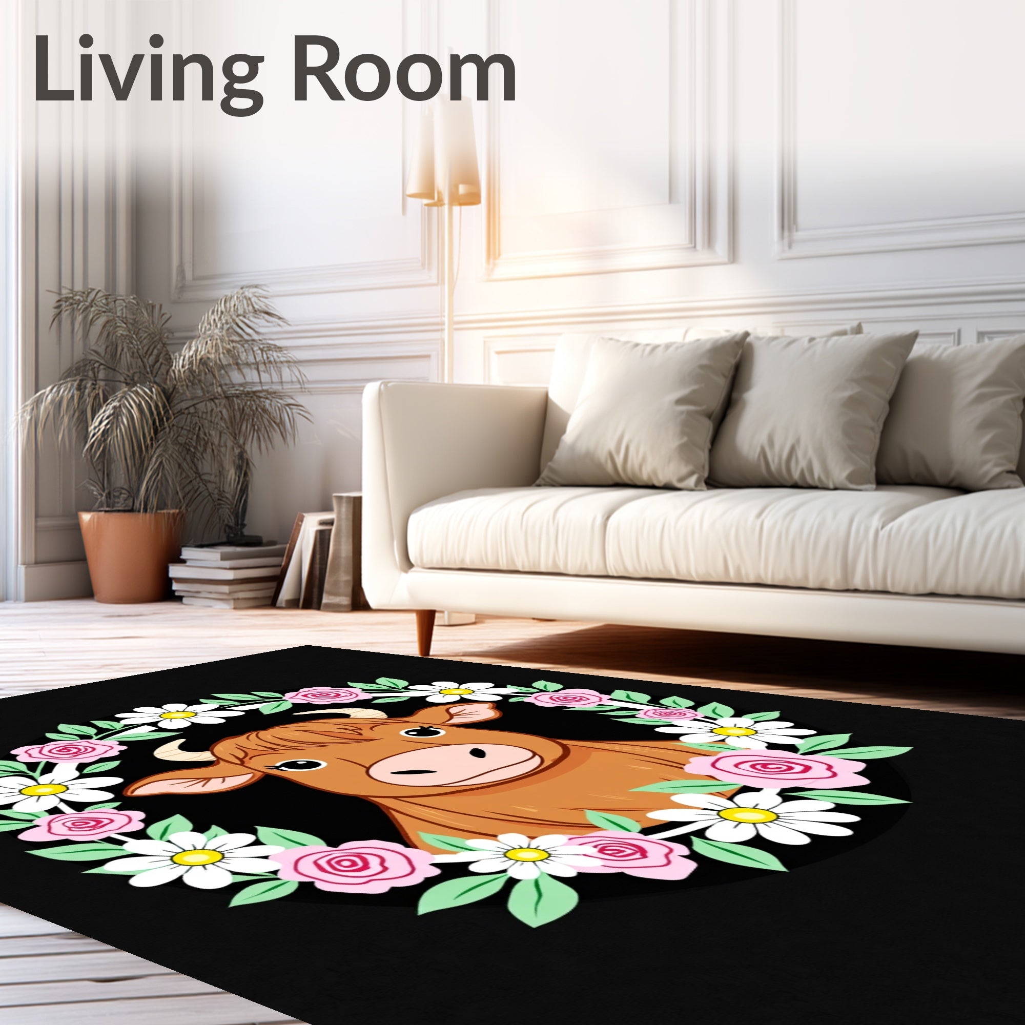 Brown Cow Floral Wreath Cute Art Rug