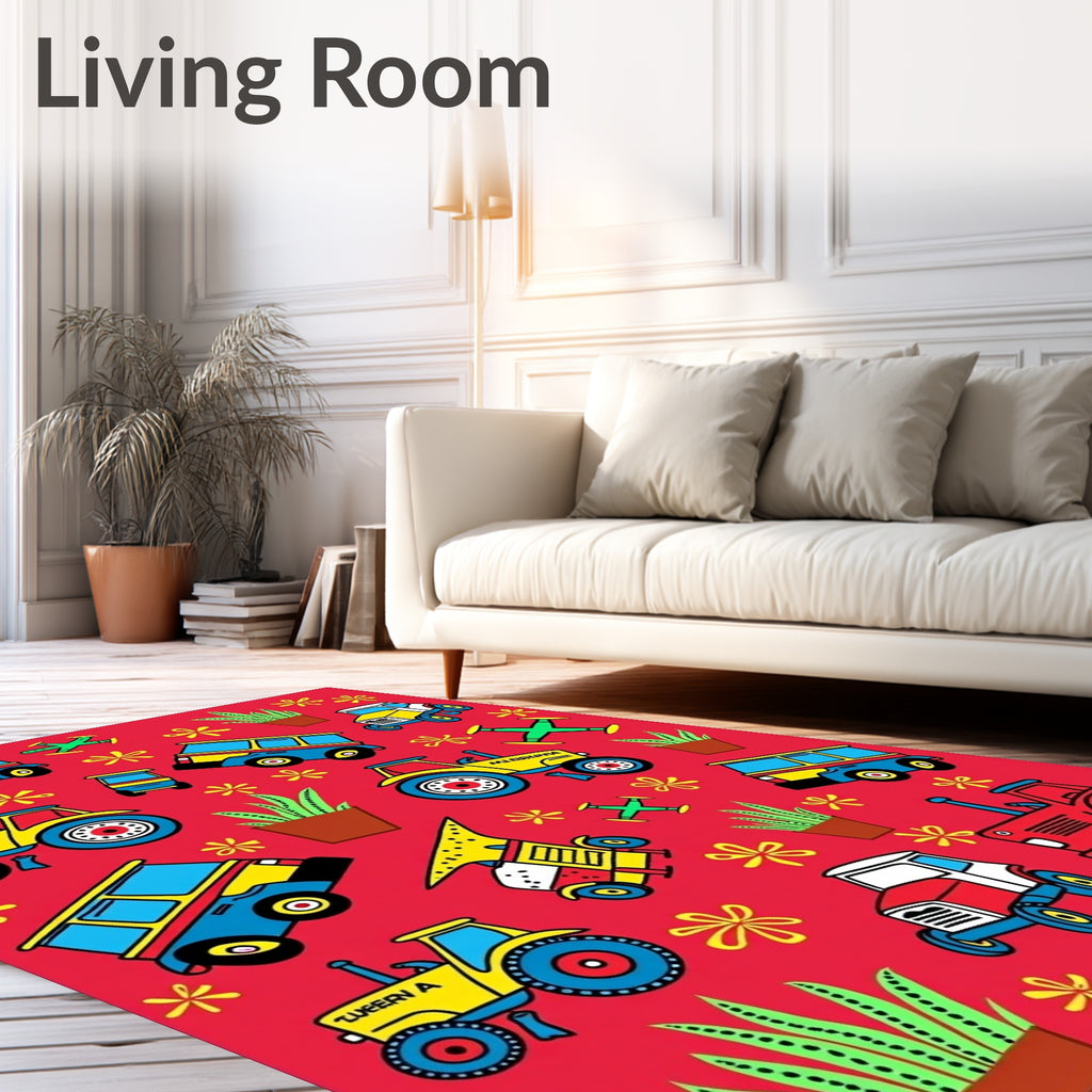 Whimsical Toy Vehicles and Flowers Rug