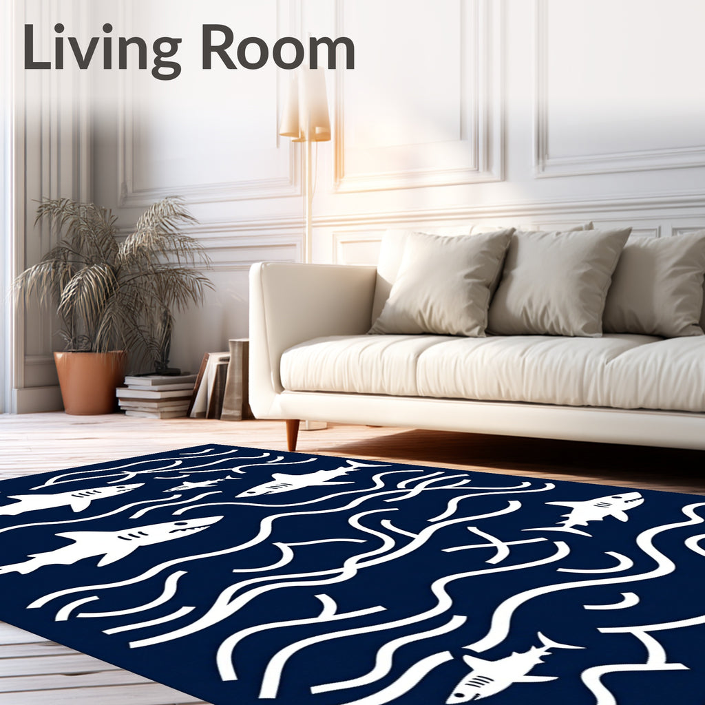 Navy Blue Shark Ocean Waves Rug