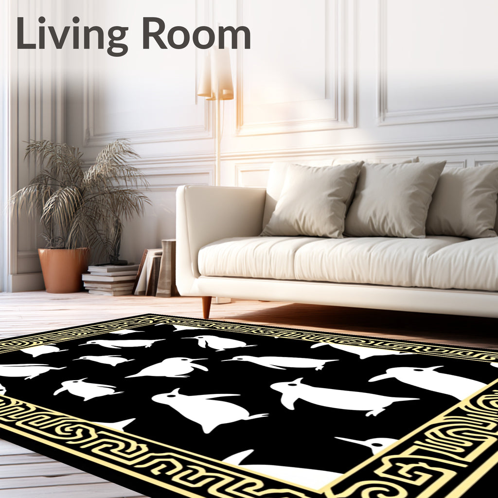 Playful White Penguin Family Border Rug