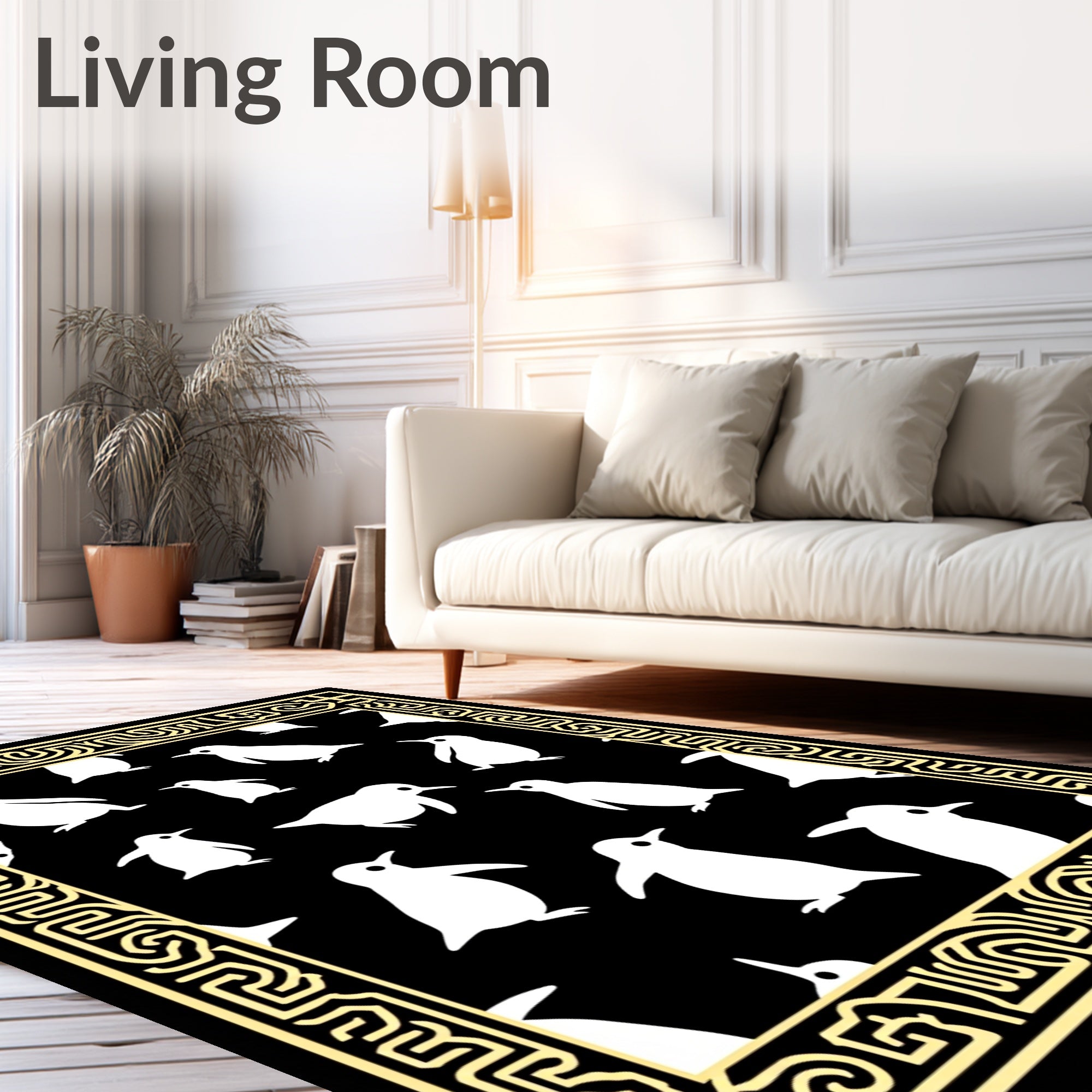 Playful White Penguin Family Border Rug