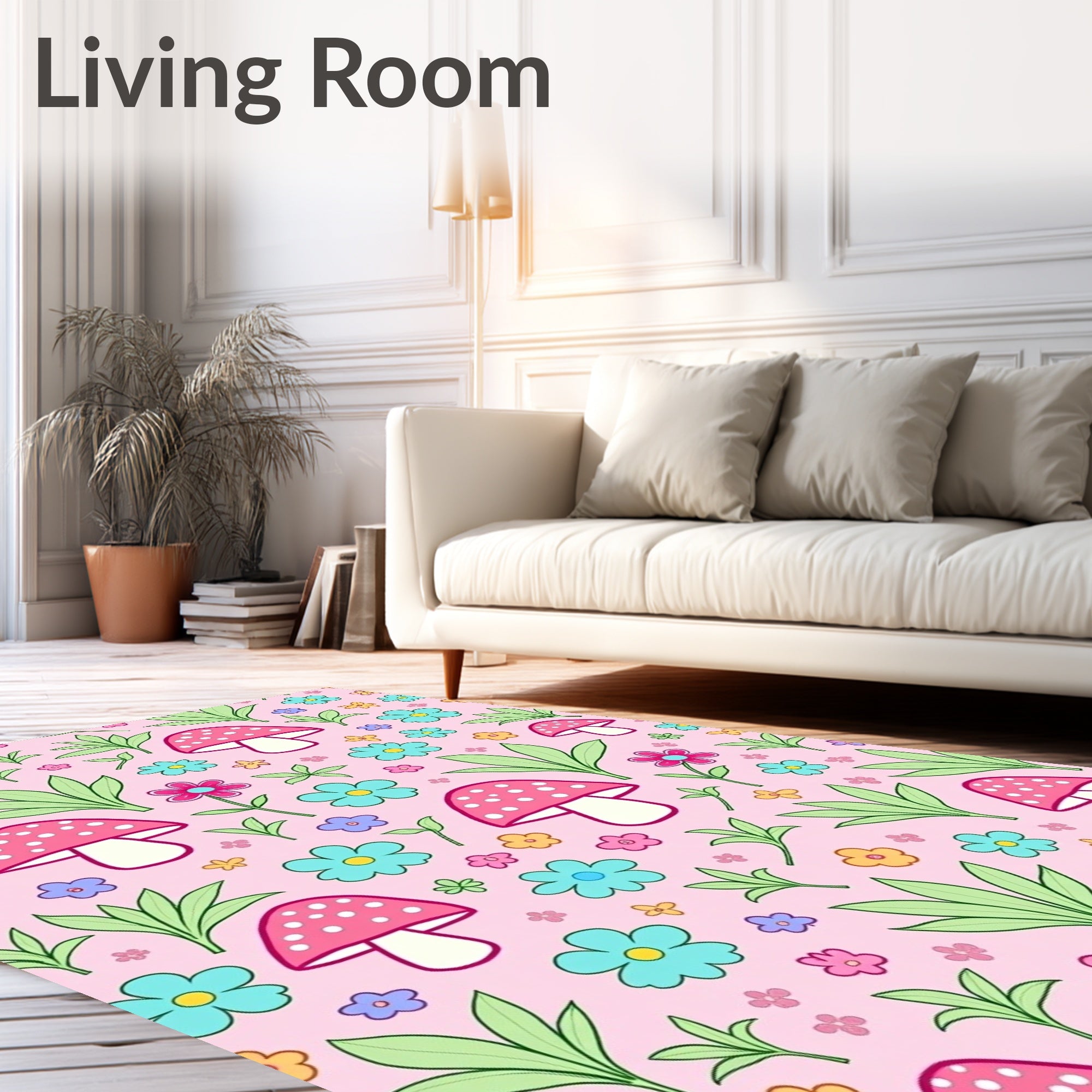Pink Mushroom Flower Garden Whimsy Rug