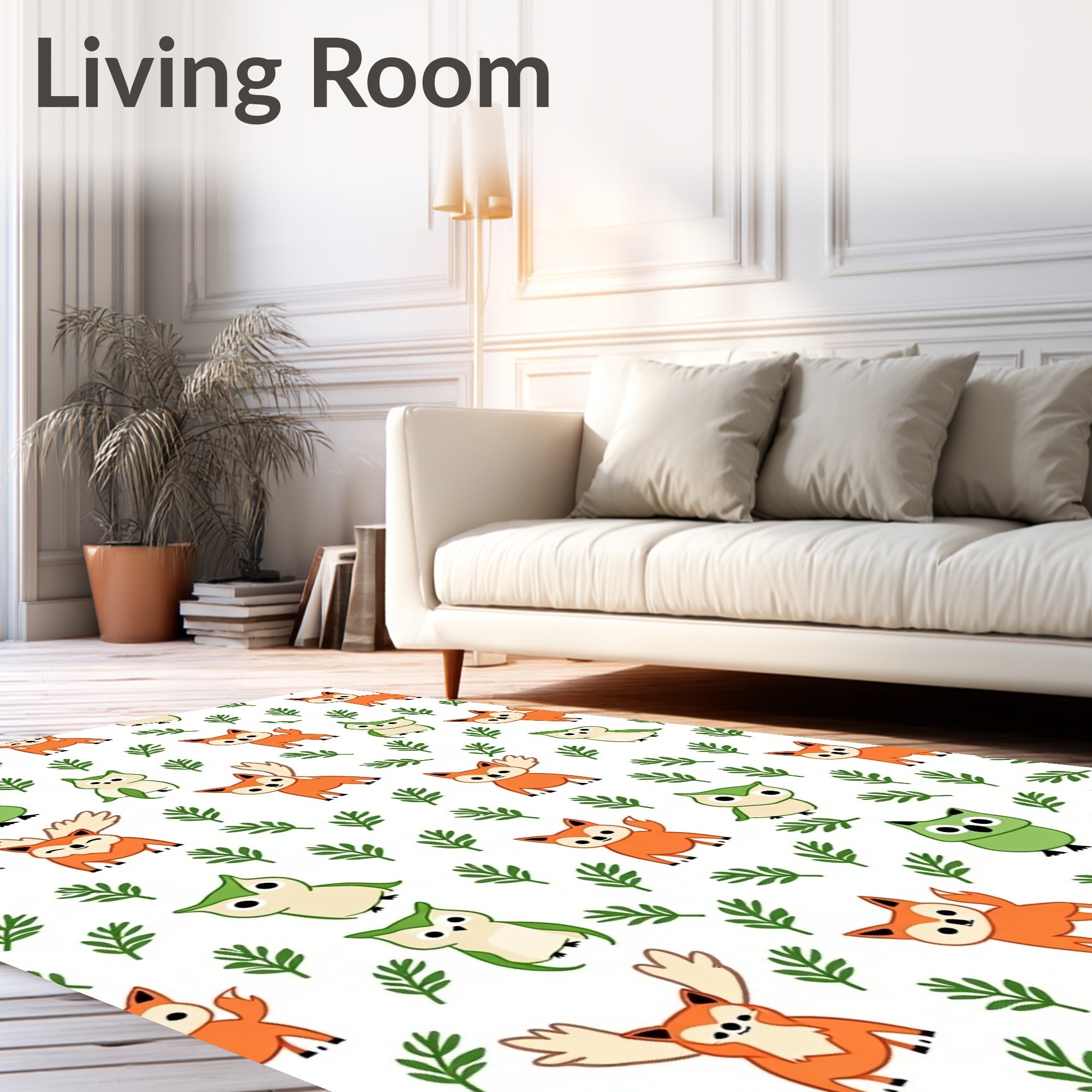 Woodland Foxes Owls Green Foliage Rug