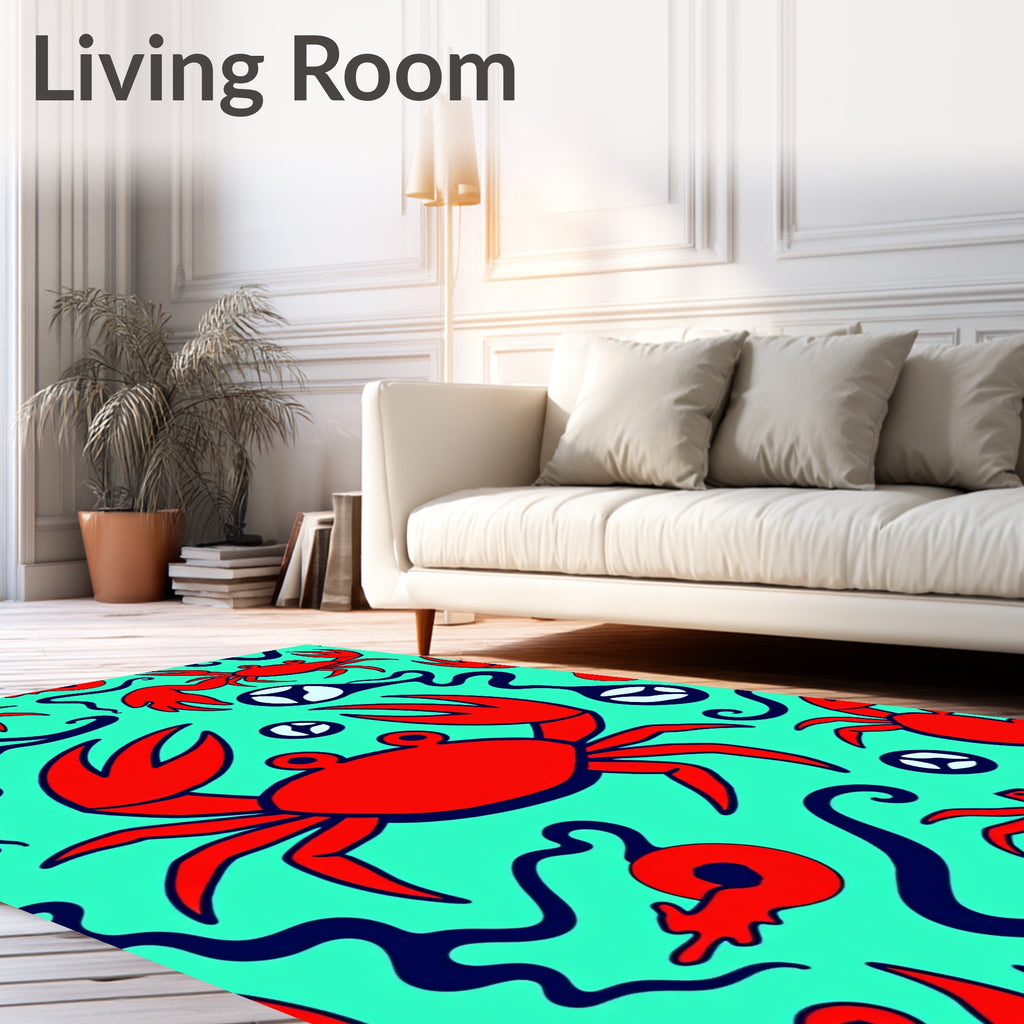 Red Crab Aqua Swirly Sea Art Rug