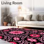 Bold Pink Floral Swirls Black Rug