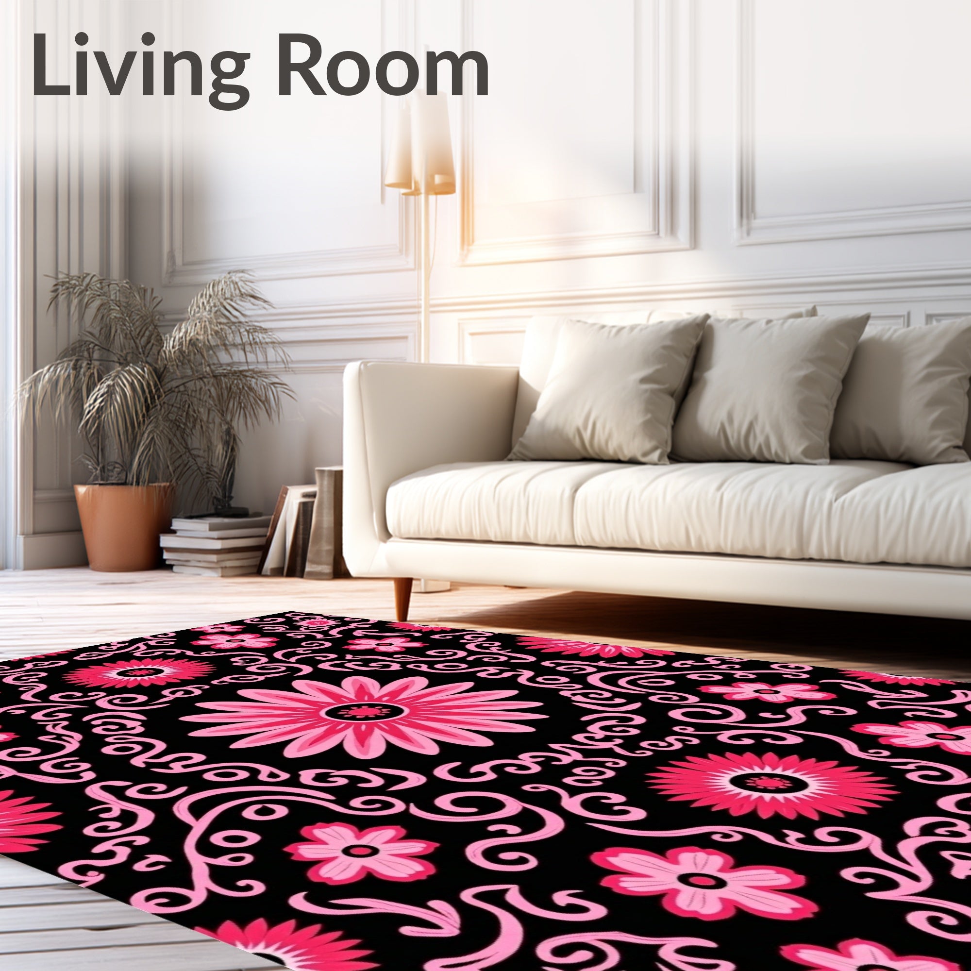 Bold Pink Floral Swirls Black Rug