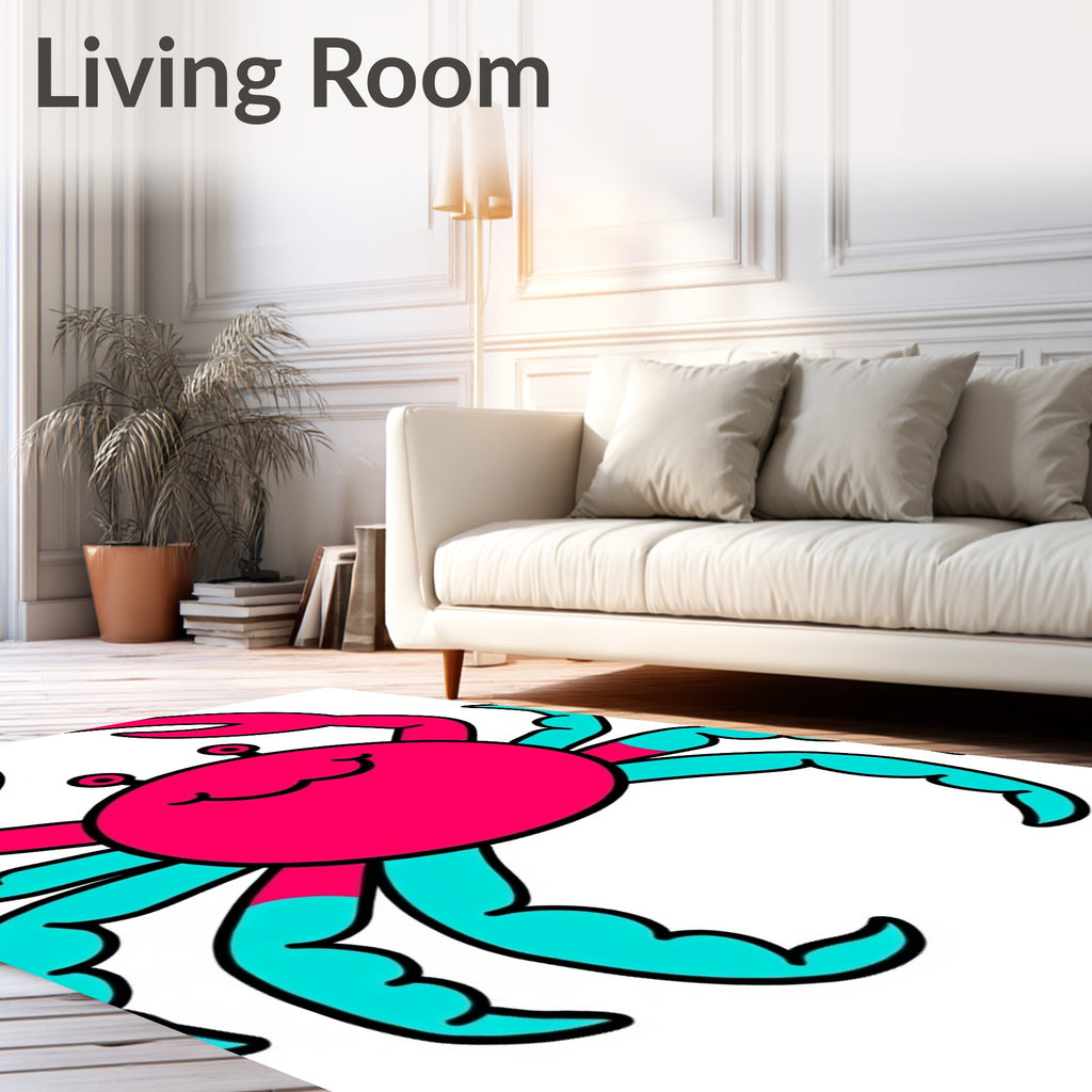 Whimsical Pink Teal Crab Illustration Rug
