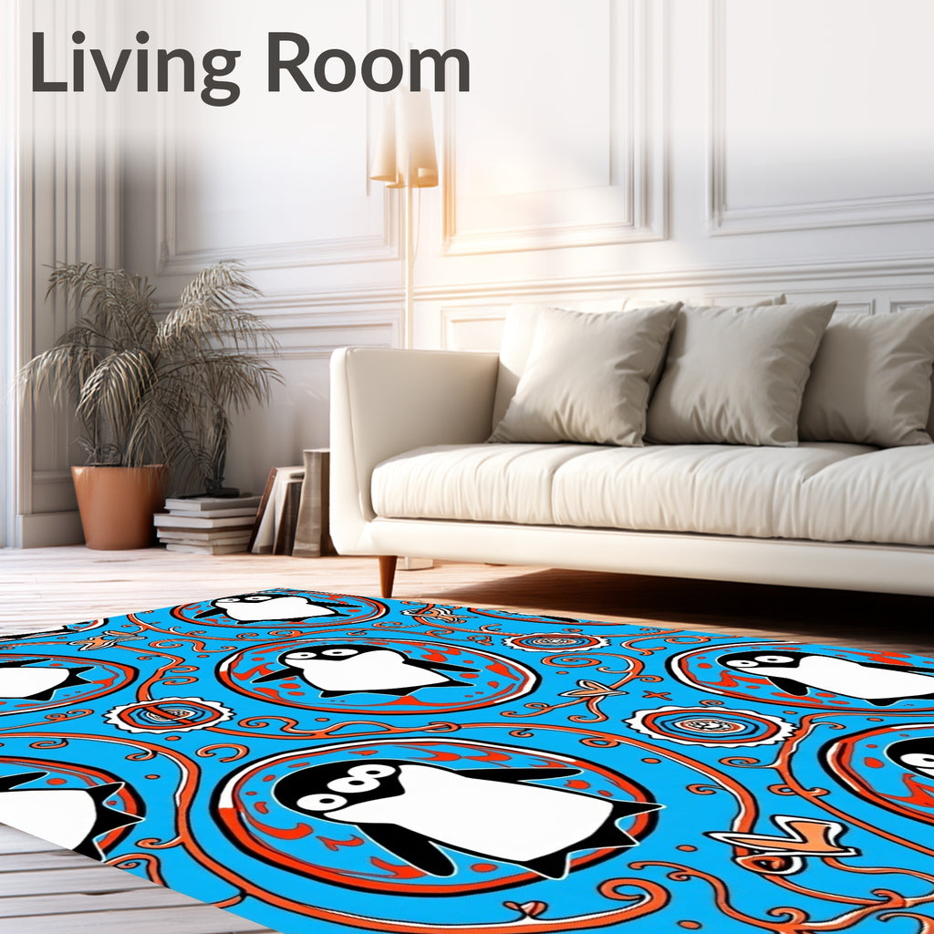 Whimsical Blue Penguin Medallion Rug