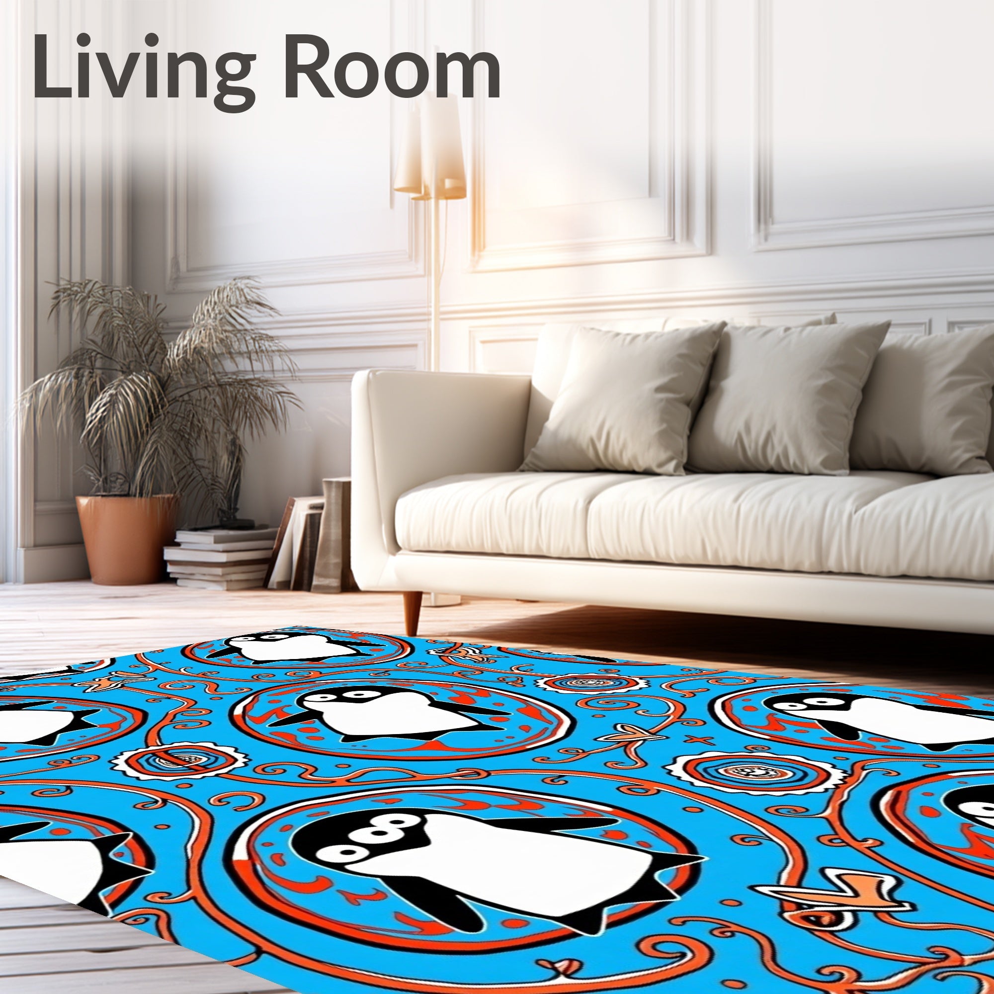 Whimsical Blue Penguin Medallion Rug