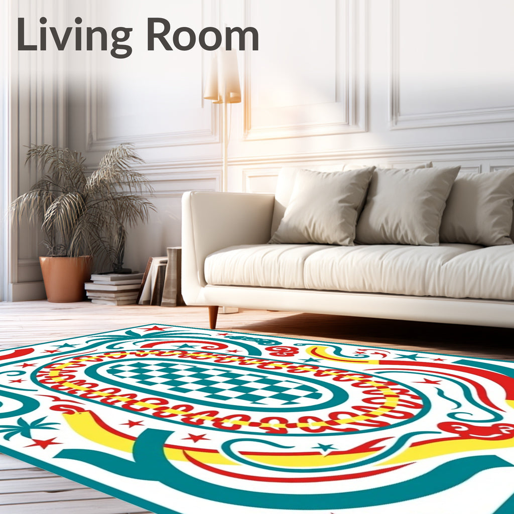 Tropical Checkerboard Oval Red Teal Rug