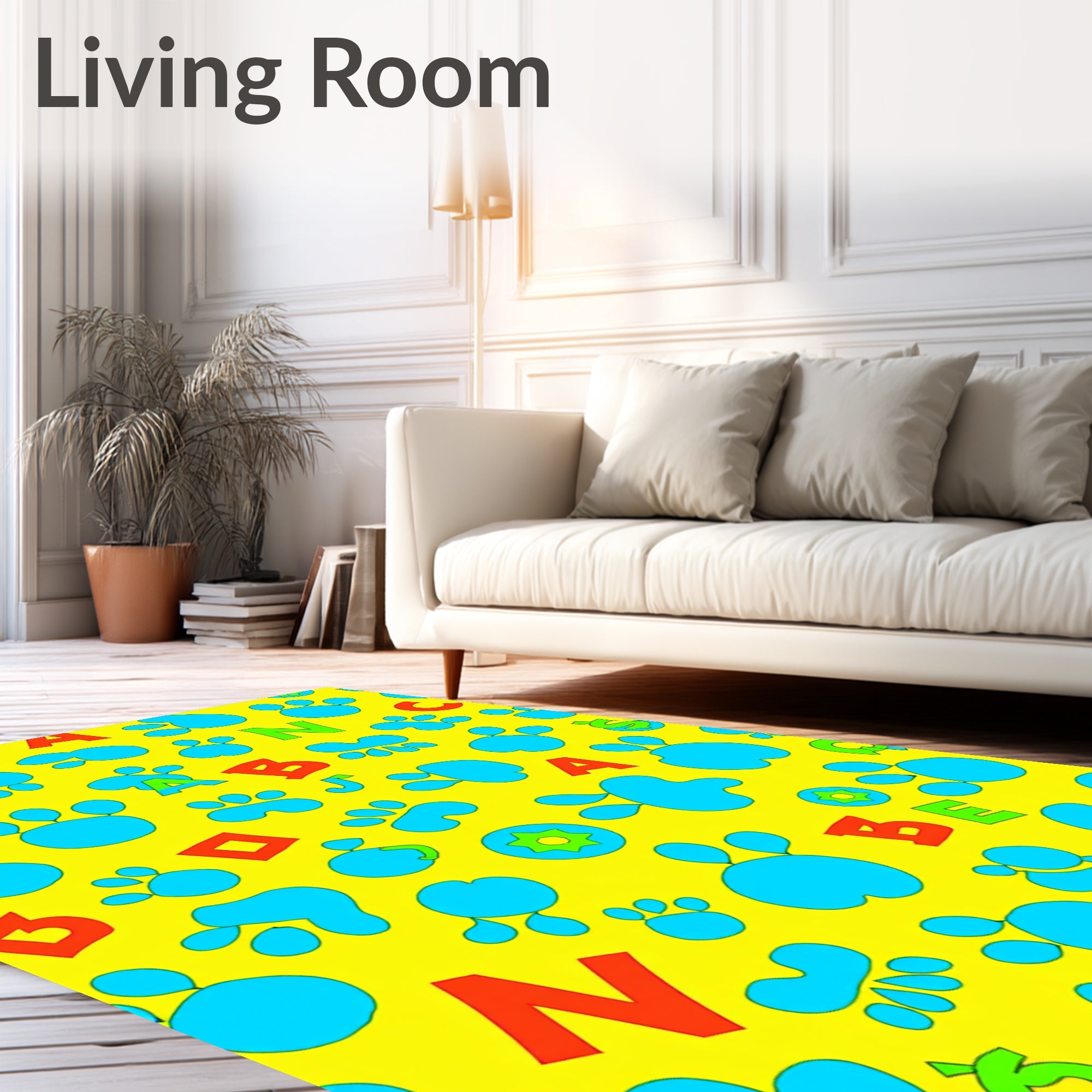 Bright Yellow Blue Paw Print Alphabet Rug