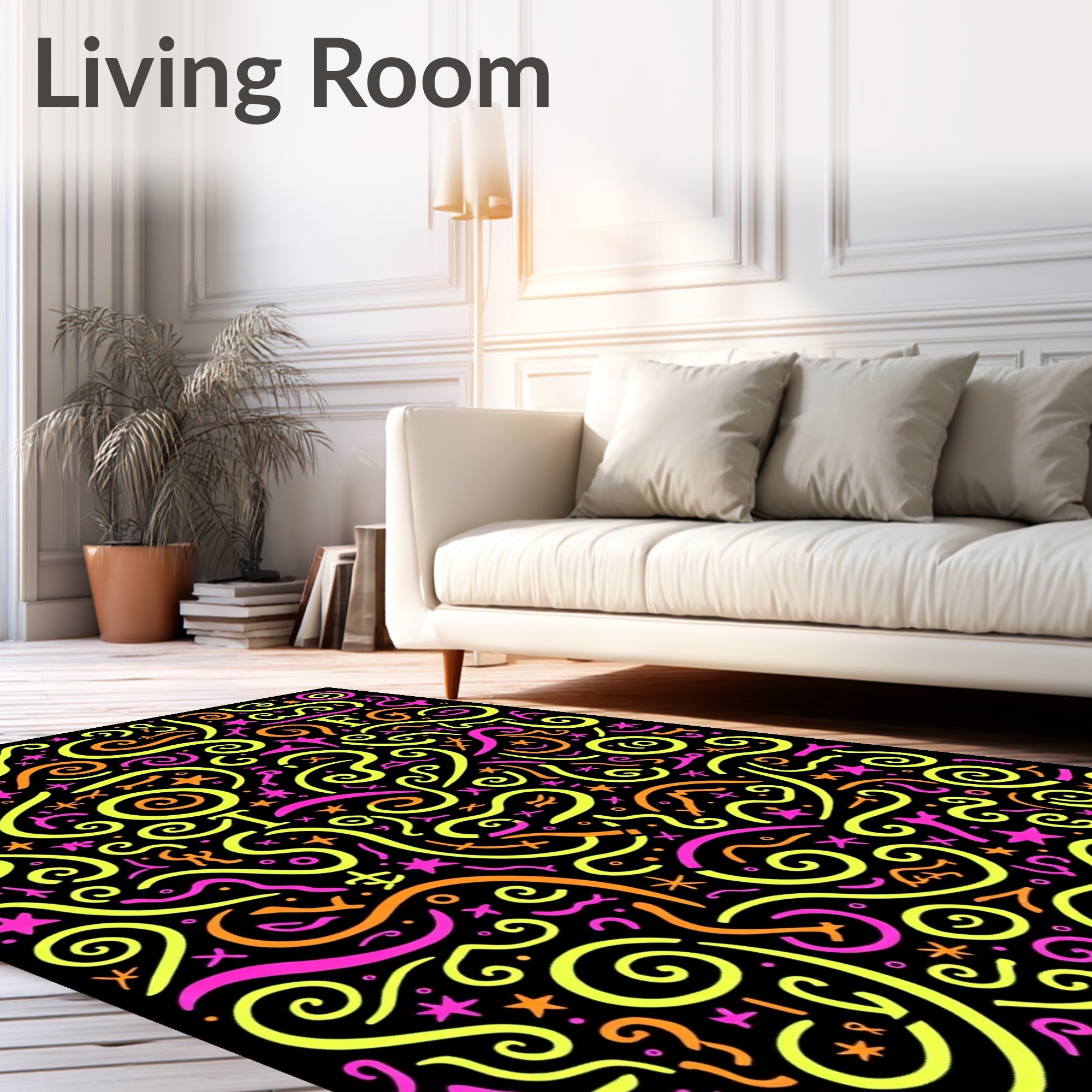 Bright Neon Swirls and Stars Rug