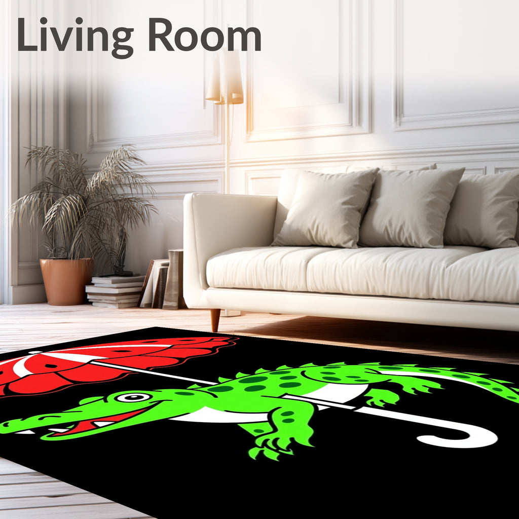 Playful Green Alligator Under Red Umbrella Rug