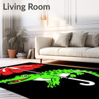 Playful Green Alligator Under Red Umbrella Rug
