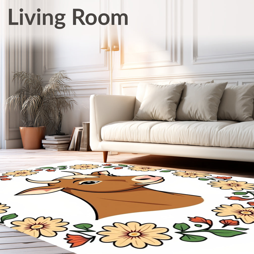 Whimsical Brown Cow Floral Wreath Rug