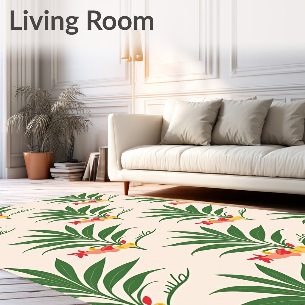 Tropical Pink Coral Green Palm Leaves Rug
