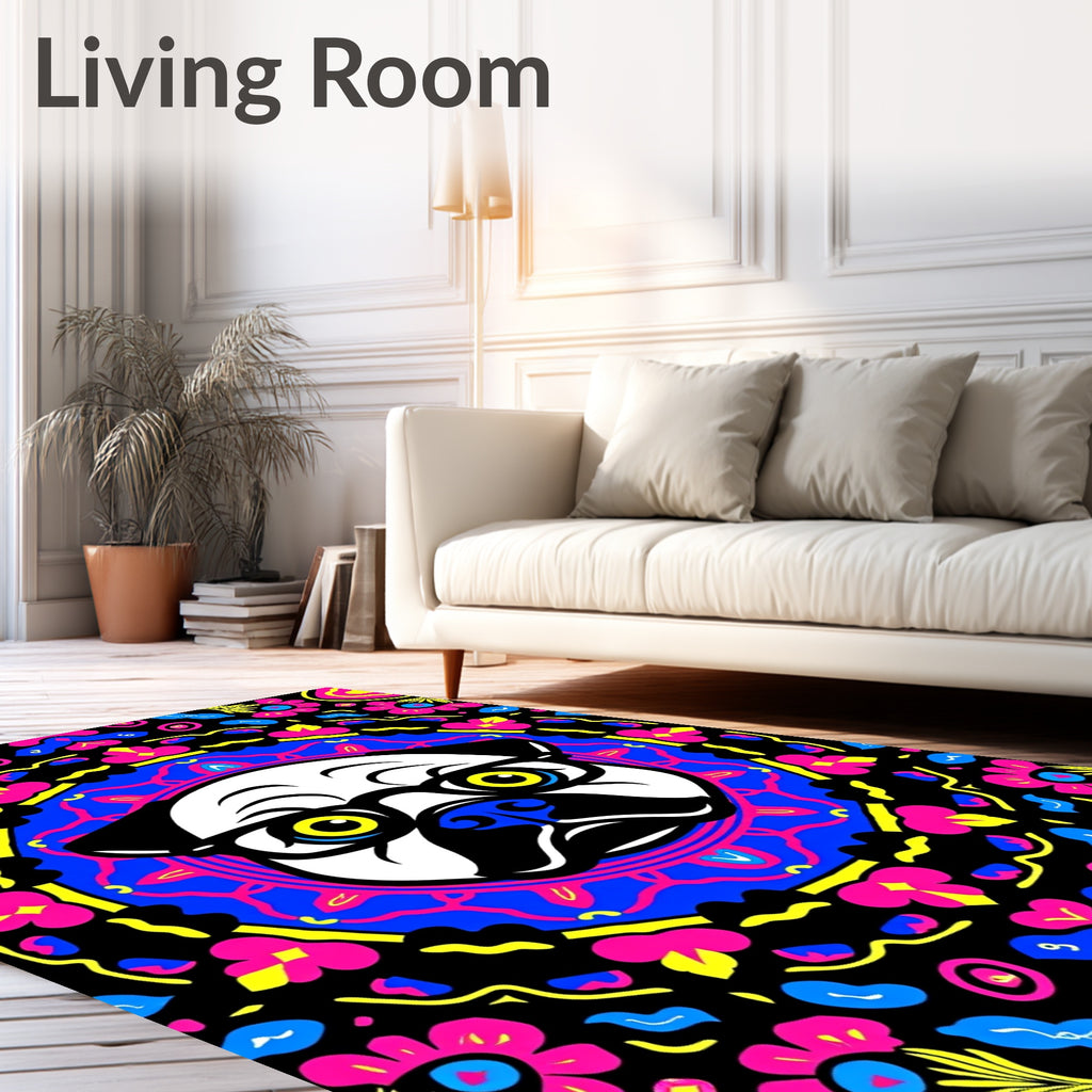 Vibrant Pug Mandala Black Floral Rug