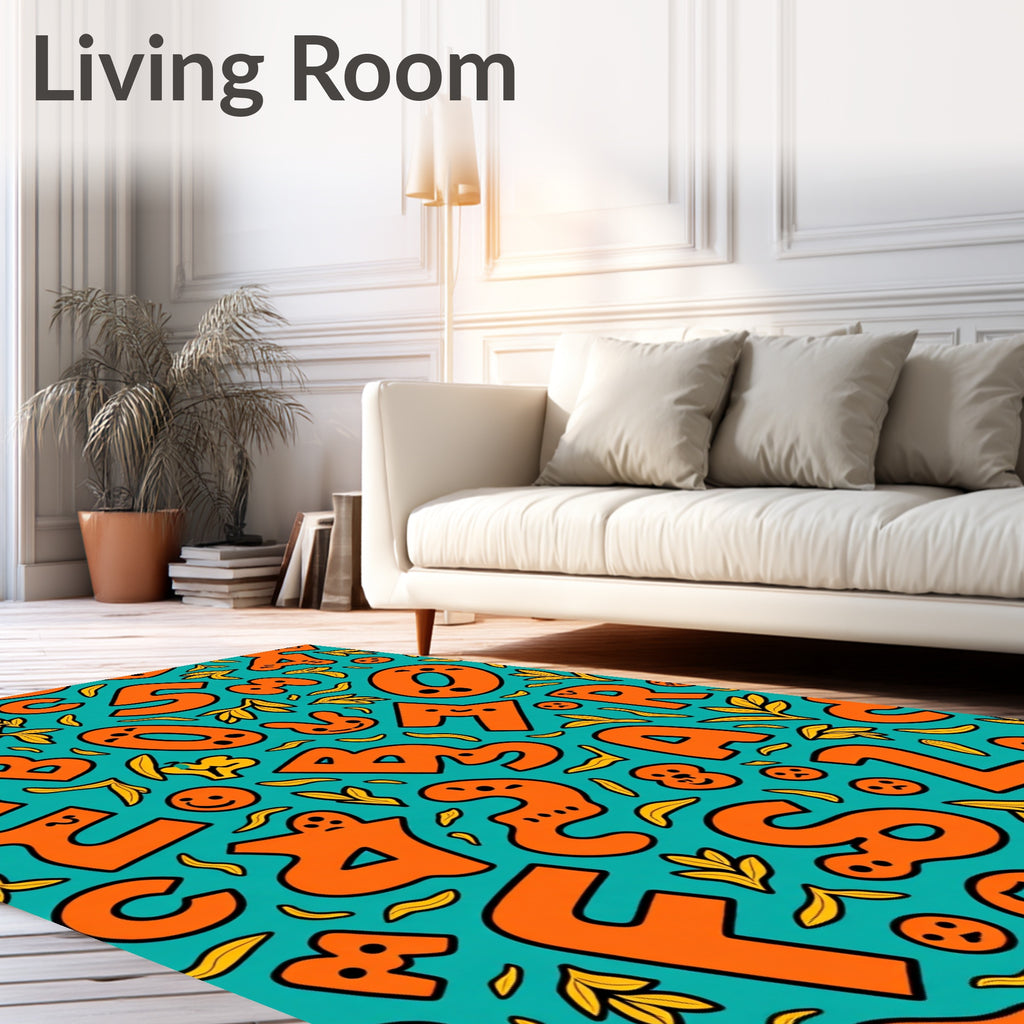 Playful Orange Alphabet Teal Collage Rug