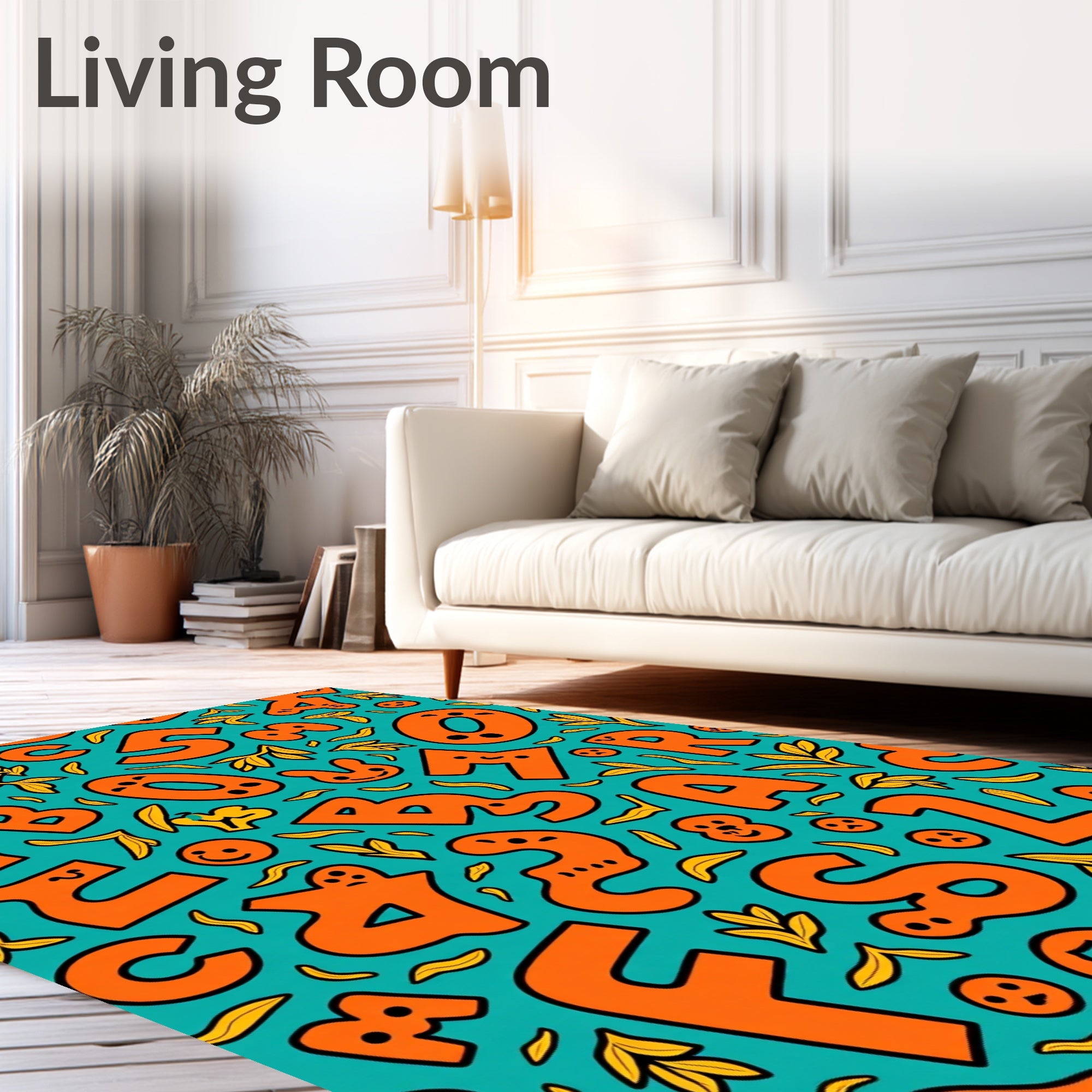 Playful Orange Alphabet Teal Collage Rug
