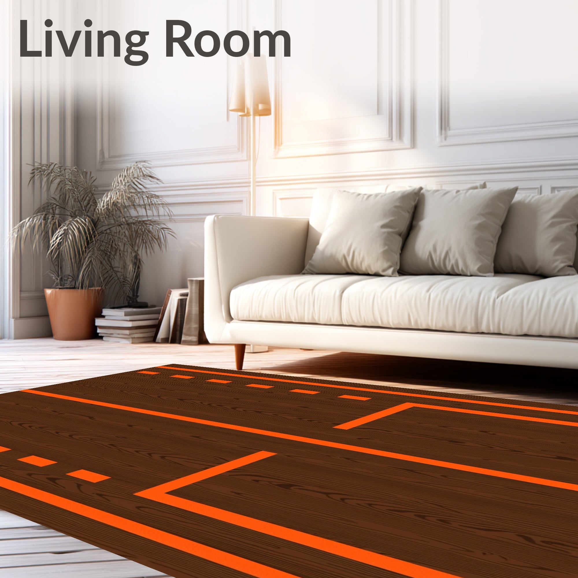 Dark Wood Orange Lined Geometric Rug