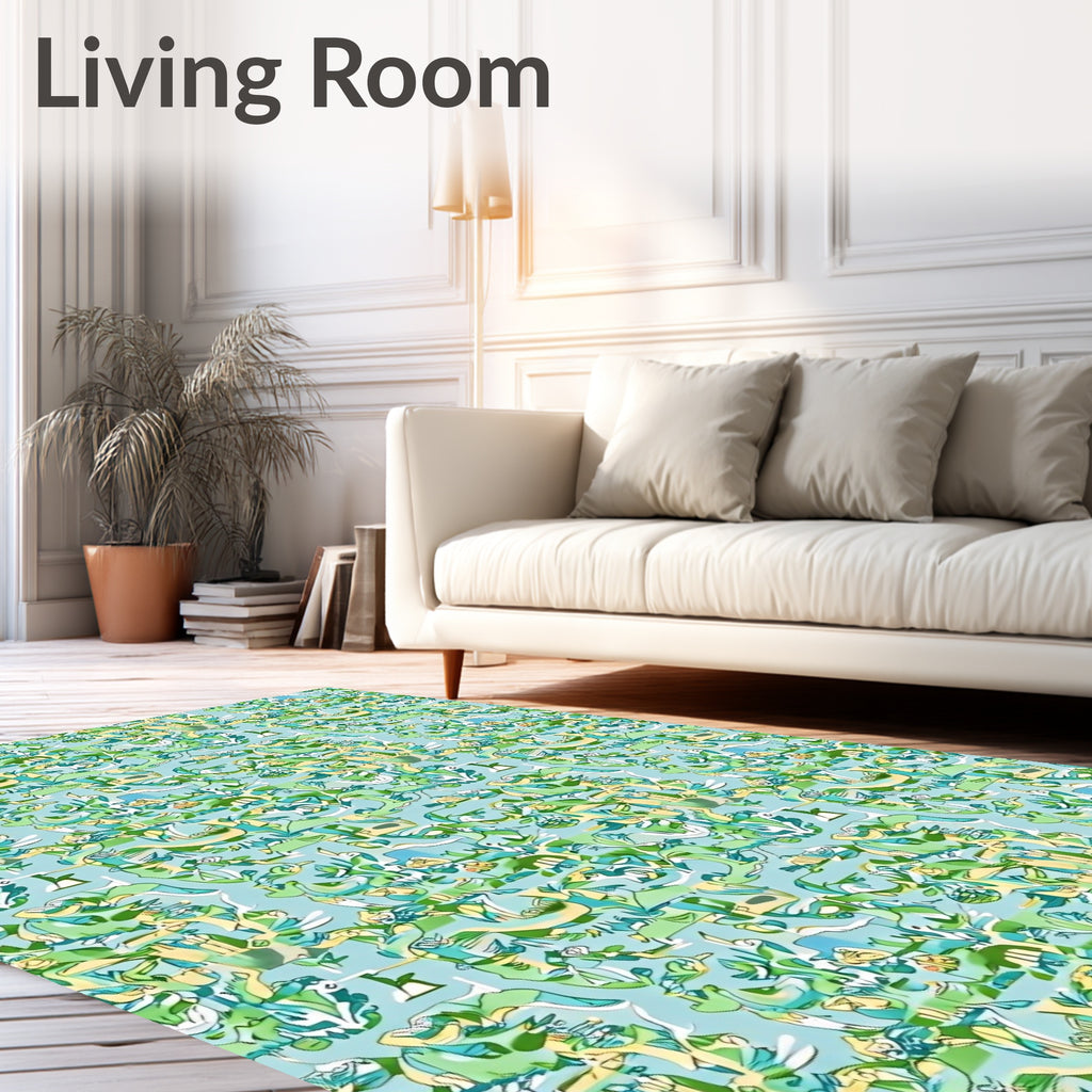 Whimsical Green Blue Abstract Collage Rug