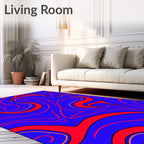 Vibrant Crimson Swirls on Blue Rug