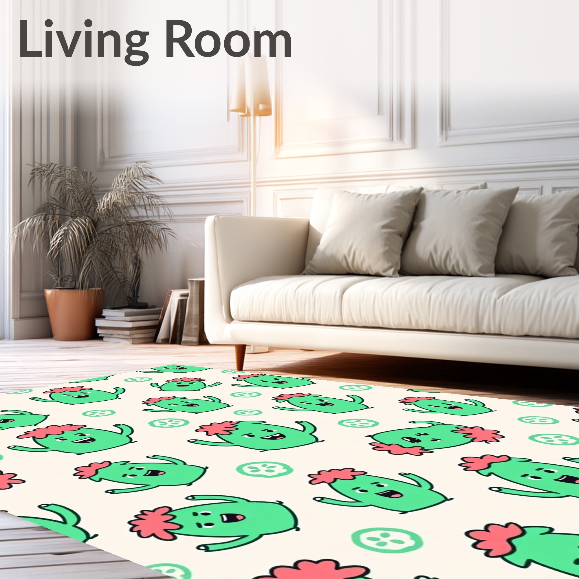Playful Green Characters Cucumber Slices Rug