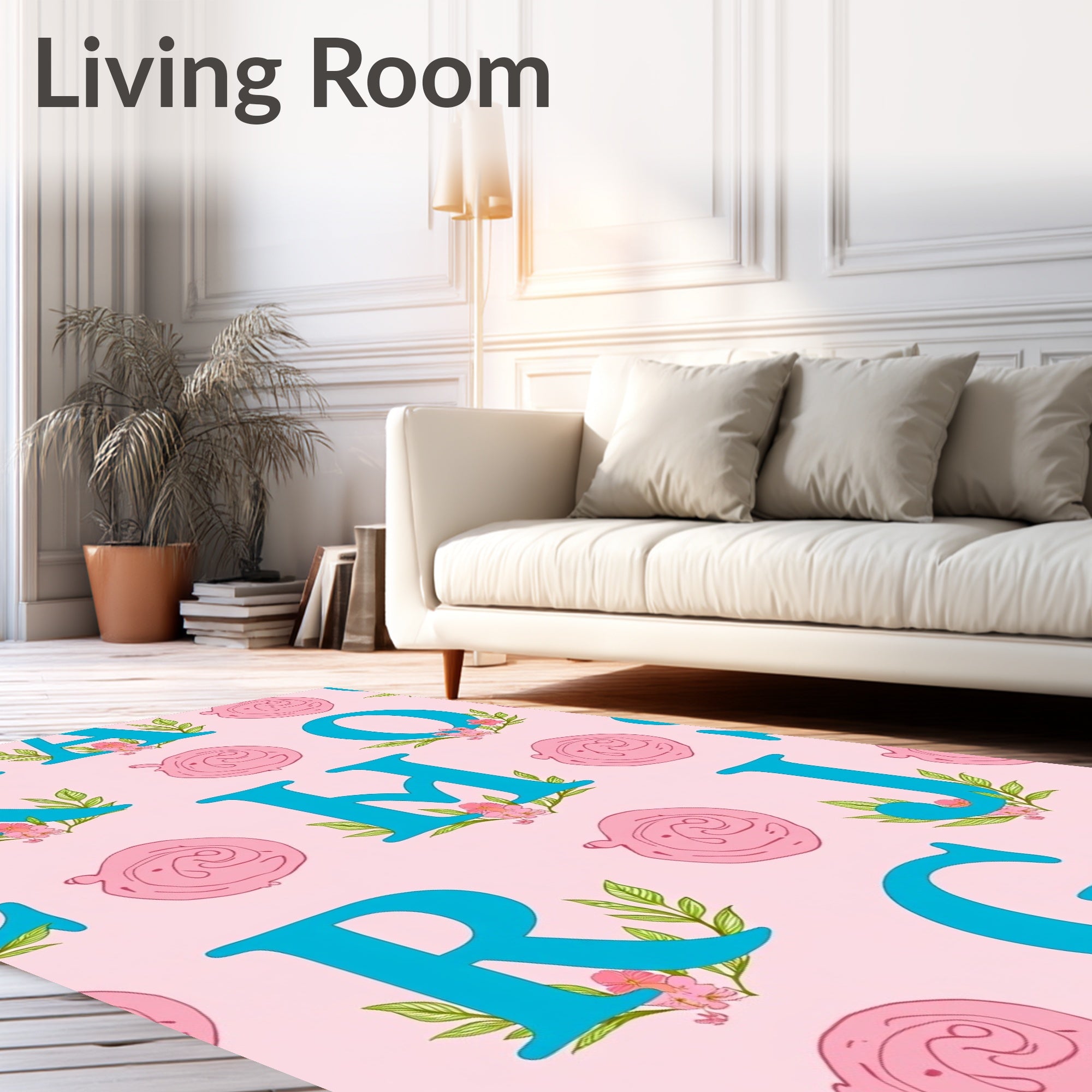 Aqua Alphabet Pink Swirl Floral Rug