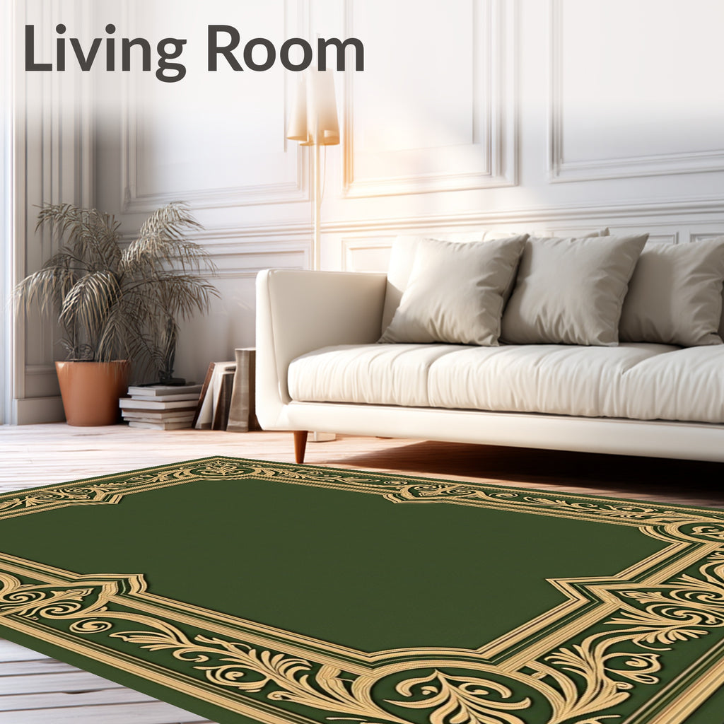 Ornate Gold Green Scrollwork Frame Rug