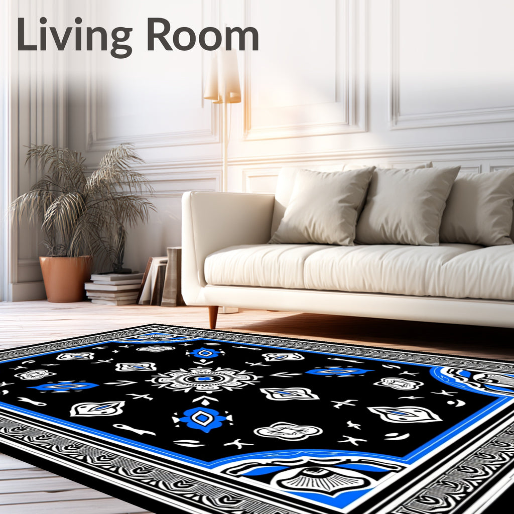 Black Blue White Medallion Bordered Rug