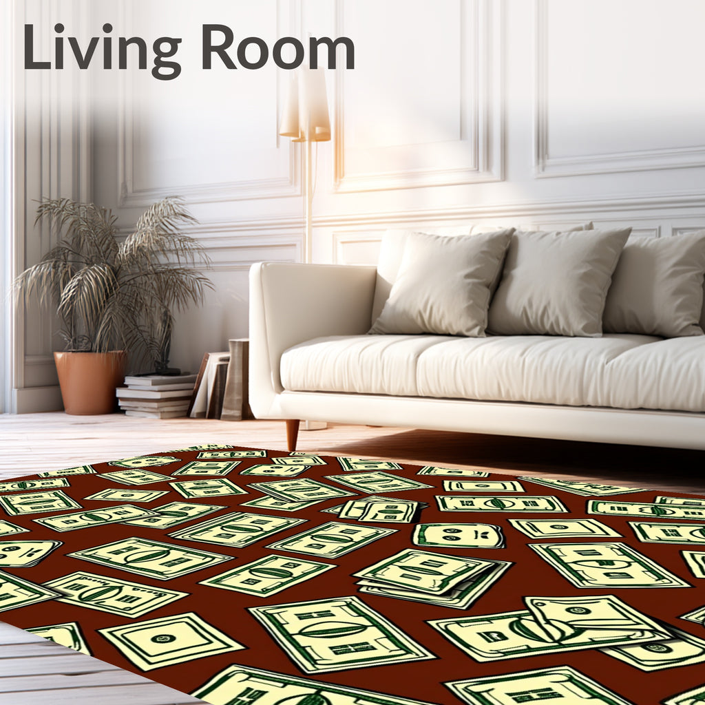 Cartoon Bills Scattered Across Brown Rug