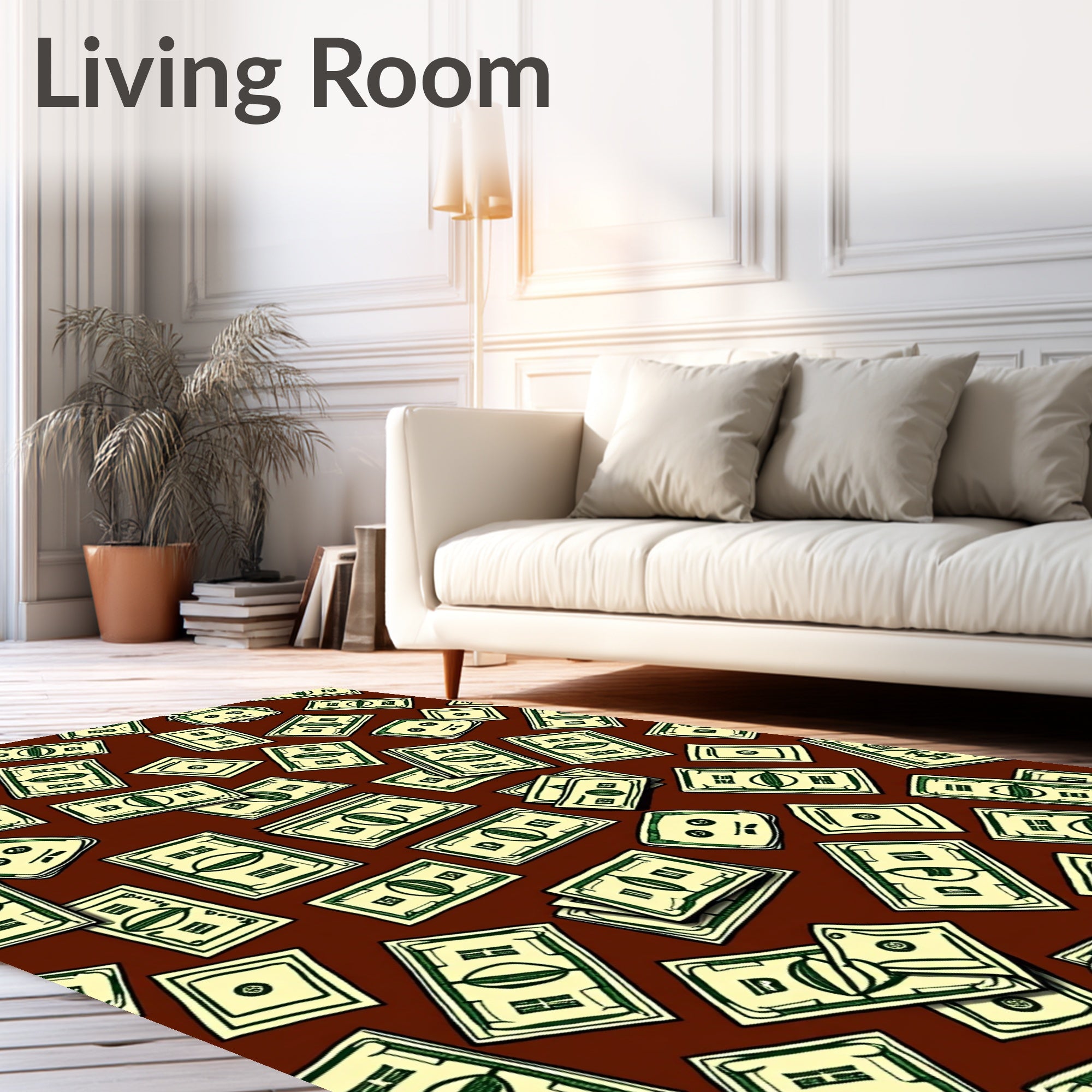 Cartoon Bills Scattered Across Brown Rug