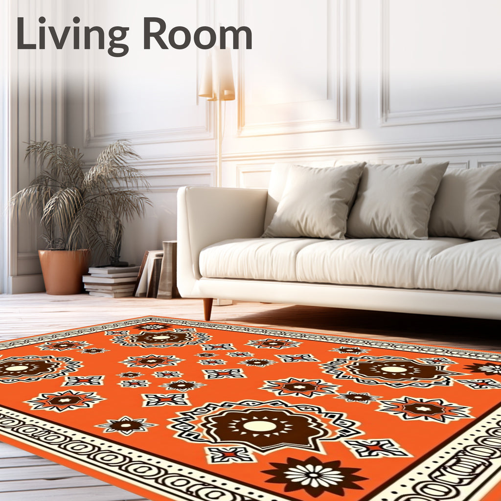 Bright Orange Floral Medallion Frame Rug