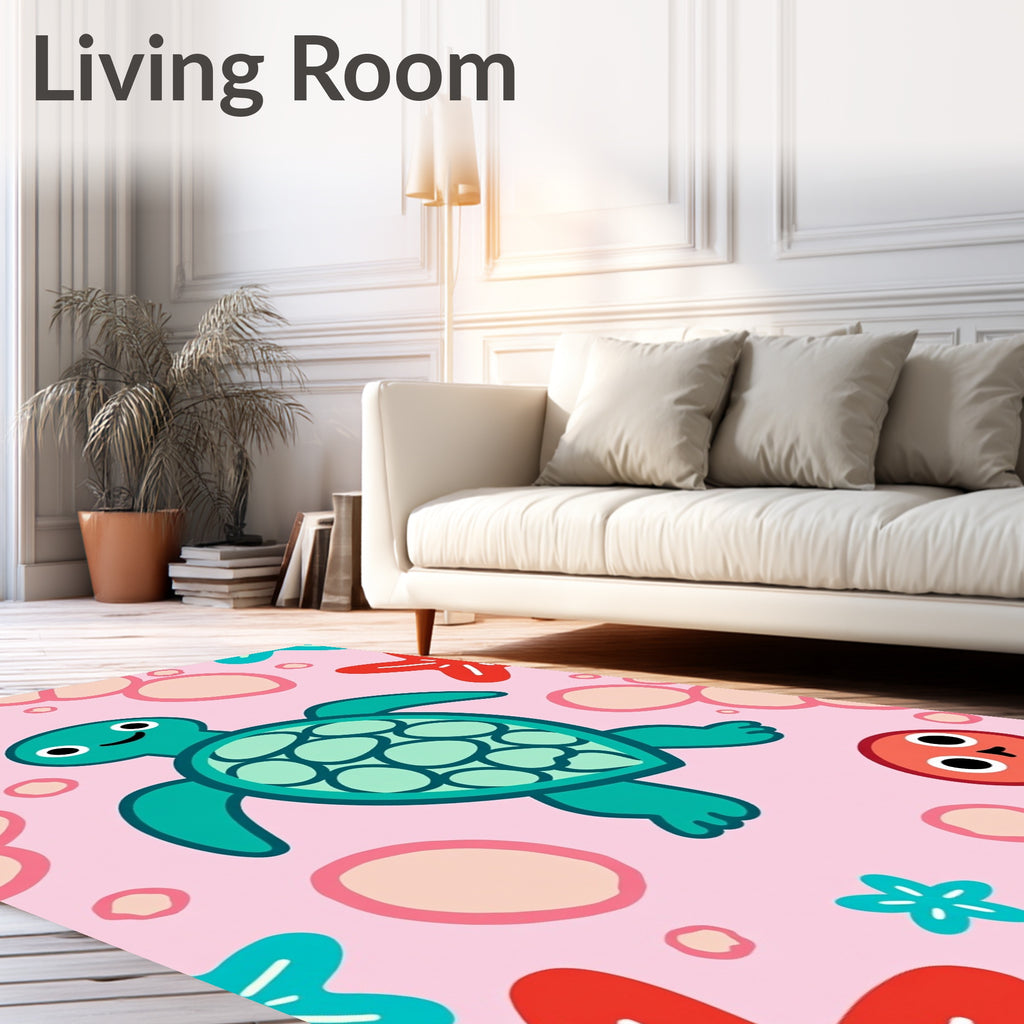 Kawaii Teal Turtle Pink Starfish Bubbles Rug