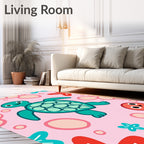 Kawaii Teal Turtle Pink Starfish Bubbles Rug