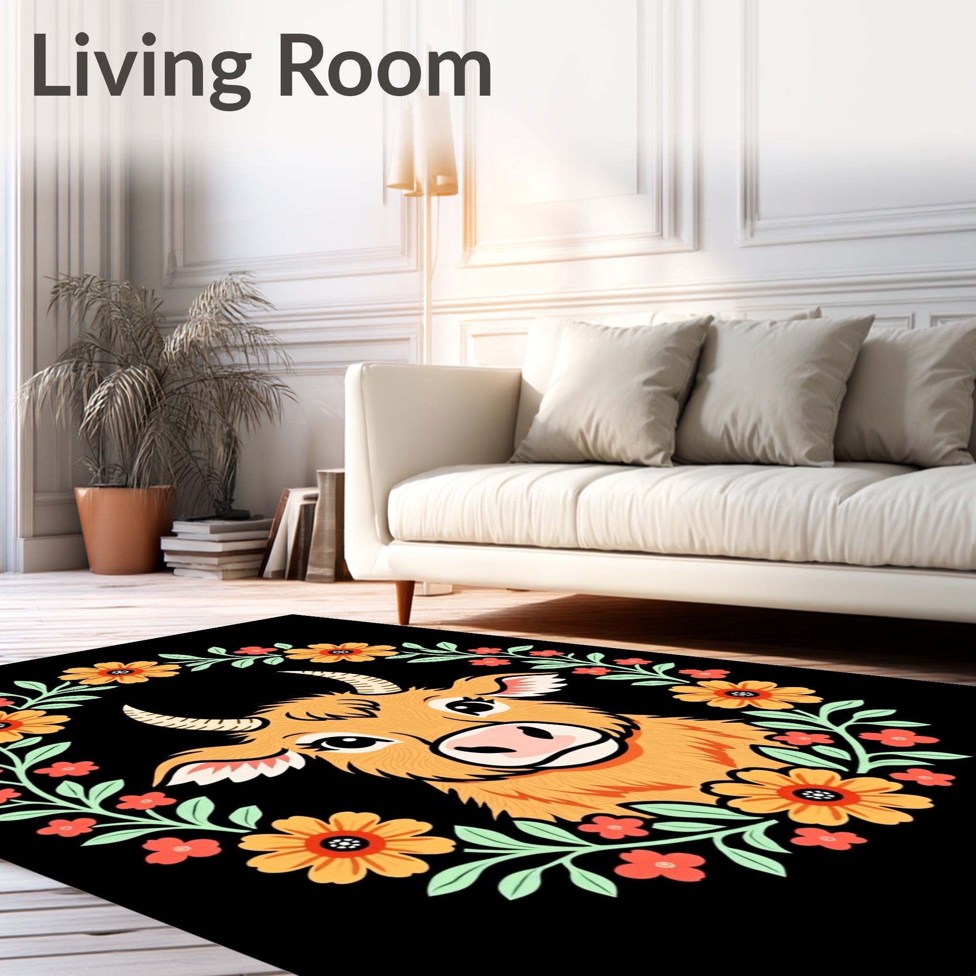 Orange Highland Cow Floral Wreath Rug