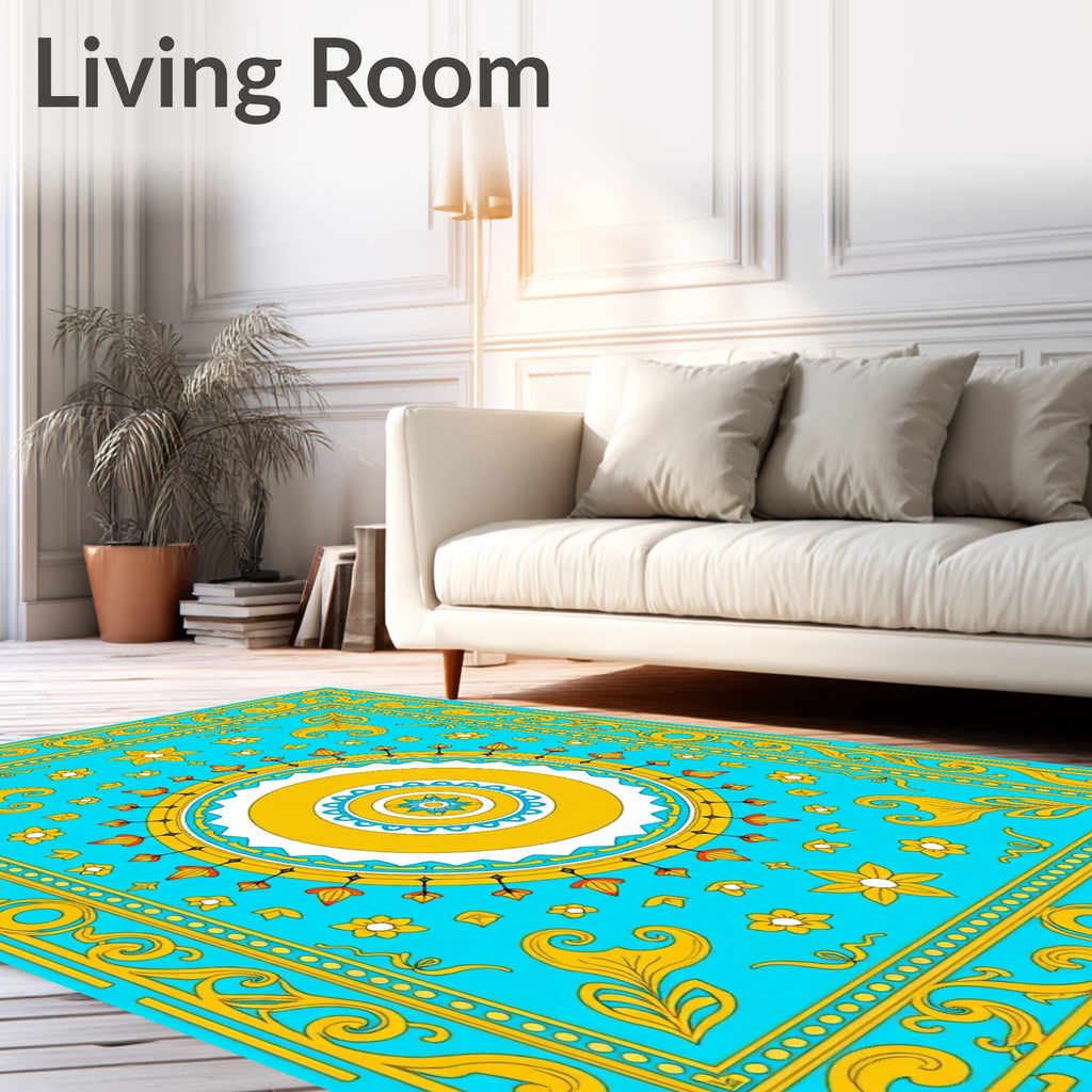 Cyan Yellow Floral Medallion Border Rug