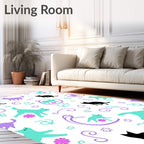Whimsical Teal Purple Black Cat Swirls Rug
